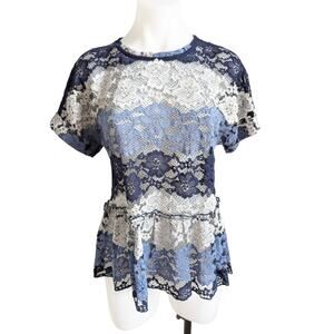 Anthropologie Eva Franco Size Small Peplum Lace Top Blouse Navy Blue White